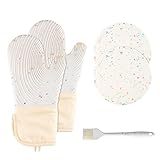 HACLEN Silikon-Ofenhandschuhe, hitzebeständig, Silikon-Ofenhandschuhe, Topfuntersetzer, Ofenhandschuh-Set mit Topflappen, Ölbürste, für Mikrowelle, Kochen, Backen
