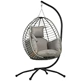 Outsunny Hängesessel, Hängeschaukel mit Bechertasche, Klappbarem Sitzkorb, Hängestuhl mit Kissen, Rattanoptik für Garten, Wohnzimmer, bis 120 kg Belastbar, Stahl, Grau