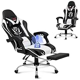 COLAMY Gaming Stuhl, Computer Stuhl mit Fußstütze und Lendenwirbelstütze, höhenverstellbarer Gaming Chair mit 360°-Drehsitz und Kopfstütze, Video Gamer PC Stuhl, Ergonomische hohe Rückenlehne, Weiß