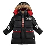 linboo Warme Winterjacke Jungen Parka Fleece Mäntel mit Fellkapuze Kinder Wintermantel Baumwolle Jacke Gefütterte Winddichtes Winterparka, Schwarz, 134-140(Herstellergröße: 140)