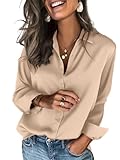 Zeagoo Satin Bluse Damen V-Ausschnitt Satinblusen Button Down Business Shirts Elegant Langarm Hemden Lässige Oberteil Tops Hellbraun M