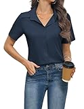 Weardear Hemdbluse Damen Kurzarm Bluse Business Hemd V-Ausschnitt Blusen Mit Knöpfen Oberteile Elegant Hemden Lässige Shirt Navy blau M