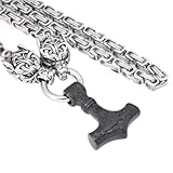 Nordische Mythologie Wikinger Mjölnir Herren Halskette – Wolfskopf Mit Thors Hammer Anhänger Edelstahl Königskette –Handgefertigter Schwerer Vintage Kette Pagan Schmuck(Black Square Chain_50CM)