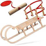 Explorer Colint Holzschlitten mit Rückenlehne für Kinder ab 1 Jahr und Erwachsene Set Schlitten Holz Hörnerschlitten mit 150cmLeine und Kunststoff/Holz Rückenlehne in Rot 110cm Alpina Fun