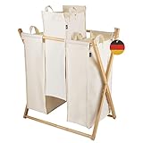 Hennez Wäschesammler XXL - Wäschekorb 3 Fächer - Wäschesortierer Wäschebox - Holz - Wäschetrenner Beige - Wäsche Sortiersystem Bambus - Wäschkorb - Laundry Basket