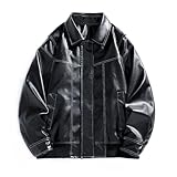 Herren Einfarbig Retro Hübscher Schlanker Luftier Einlagiger Ledermode Motorradanzug Winddichter Mantel Herren Sommerjacke Sportlich (4-Black, XXL)