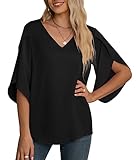 Yommay Damen Bluse Elegant V Ausschnitt Sommer T-Shirts Casual Leicht Chiffon Tunika Kurzarm Tops,Schwarz,L