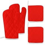 4-teiliges Ofenhandschuh- und Topflappen-Set, bonbonrot, einfarbig, hitzebeständig, für Küche, Kochen und Grillen