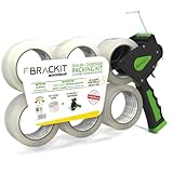 Paketklebeband Transparent - 6 St - Mit Profi Abroller - 48mm-Breit; 66m-Lang - Klebeband, Paketband, Packband - Prämie 50mic; Mit Starke Stabiler klebebandabroller (Brackit - Premium Qualität)