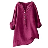 Musselin Bluse Damen Große Größen- Langarmshirt Oversize-Henley Shirt Damen Langarm V Ausschnitt Hemd Einfarbige Blusen Longbluse Locker Blusenshirt Herbst Top Elegante Freizeithemd