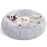 Feandrea Hundebett flauschig, Katzenbett, Donut Kissen, waschbar, Polsterung in der Mitte herausnehmbar, Langer Plüsch, 70 cm Durchmesser, Ombré-Grau PGW039G01