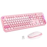 Atelus Kabellose Tastatur und Maus, Retro-Tastatur in voller Größe und 3 einstellbare DPI-Maus-Kombination für Windows 7/8/10, Laptop, Desktop, PC, Computer (rosa bunt)