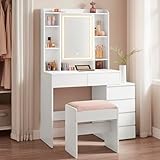 VASAGLE Schminktisch mit LED-Beleuchtung, Hocker, Frisiertisch mit Spiegel, Schubladen, offenen Fächern, verstellbaren Ablagen, einstellbare Helligkeit, modern, wolkenweiß RDT125W01
