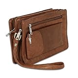 LEDER HANDGELENKTASCHE HERRENTASCHE LEDERTASCHE DOPPELKAMMER TAN