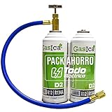 GASICA D2 Sparpack (2 Flaschen à 226 g) Bio Kühlgas Gasica D2 Ersatz für R12, R134A plus Schlauch mit Schlüssel Nachfüllgas