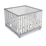 FabiMax Baby Laufgitter 100x100 Grau lackiert, stufenlos höhenverstellbar, mit Schlupfsprossen, Laufstall aus massivem Buchenholz (Gelbe Sterne)