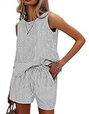 Paaruter Damen Sommer 2-teilige Outfits Ärmelloses Tanktop Passende Shorts Sets Baumwolle Gestreifte Trainingsanzüge Schwarz Streifen S
