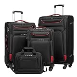 COOLIFE Koffer Trolley Koffer Reisekoffer von 4 Rollen Stoffkoffer Handgepäck TSA-Schloss Der Koffer Enthält 1 Große Umhängetasche (Koffer-Set 4tlg, Schwarz+Rot)