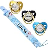 4 Stück, personalisierter Schnuller mit Namen, individueller Schnullerclip, Babygeschenk für neugeborene Jungen und Mädchen, glitzerndes Schnullerzubehör mit Namen (0–6 Monate) (Blue)