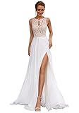 HUINI Damen Lang Brautkleid Hochzeitskleid Standesamt Boho Vintage Strand Brautmode Brautkleider mit Schleppe B-Elfenbein 36