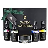 Verwöhnendes Geschenkset Frauen mit BIO Arganöl + Rizinusöl + Mandelöl + Jojobaöl + Body Scrub aus Totes Meer Salz – Geschenke für Frauen - Luxus-Geschenkbox Satin Naturel