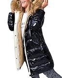 ORANDESIGNE Metallic Taschen Umlegekragen Langarm Warmer Glänzend Steppjacke Wintermantel Damen Mode D Schwarz M