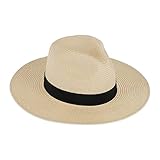Relaxdays Panamahut, Damen & Herren, Strohhut mit Ripsband, breite Krempe, für Kopfumfang: 58 cm, Fedora Hut, beige