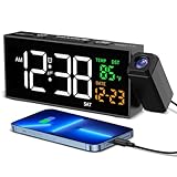 Digitaler Wecker mit Projektion, Projektionswecker mit 350° Projektor, Thermometer, Datum, Große Anzeige, 10 Klingeltönen, Snooze, 4 Helligkeit, 4 Lautstärke, Manuell DST, Lauter Wecker Schlafzimmer