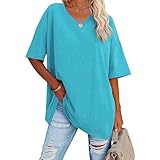 Tshirt Damen Oversize, Oberteile Damen Sommer,T Shirt Damen V Ausschnitt Baumwolle Lässig Locker Solide Pullover Oversized Sweatshirt Longshirt Bluse Tunika Tops T-Shirts für Frauen Teenager Mädchen