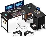ODK Eckschreibtisch mit 4 Schubladen, 135×100 cm Schreibtisch L Form mit Steckdose und USB-Ladeanschluss, Reversibler Schreibtisch mit Stauraum für Homeoffice und Gaming, Schwarz