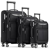 SHOWKOO Kofferset 3 Teilig Stoffkoffer Weichschale Erweiterbar Reisekoffer Leicht Haltbar Trolley Handgepäck Sets mit TSA Schloss und 4 Rollen (M L XL -Schwarz)