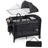 COSTWAY 5 in 1 Beistellbett, Reisebett Baby mit Matratze, Babybett höhenverstellbar mit Wickelauflage, Mosktionetz & Spielbogen, Stubenwagen mit Rollen & Tragetasche für bis 36 Monaten, Schwarz