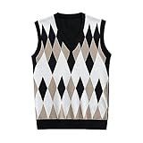 Mymyguoe Strickpullover Herren Ärmellose V-Ausschnitt Vest Tank Top Kariert Westen Bequeme Slim Fit Strickwesten Pullunder Strickweste Warmes Oberteil Retro Tops Teenager Streetwear