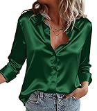 Zeagoo Damen Satin Bluse Elegant V-Ausschnitt Seidenbluse Langarm Button Down Satinbluse Business Work Satin Hemd Casual Blusen Shirt Basic Solide Oberteile Grün L