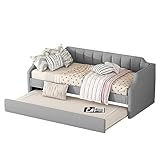 Funktionsbett mit Ausziehbett, 90 x 200 cm, Schlafsofa, Tagesbett, Polsterbett, mit Lattenrost Rücken- und Armlehne, Leinen, Grau