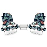 COSTWAY Strandstühle und Tisch Set, klappbare Campingstühle mit verstellbarer Rückenlehne, Kopfstütze, Seitentaschen, Eisbeutel, Schultergurten & Armlehnen, Klappstühle leicht (Blumen- und Grasmuster)