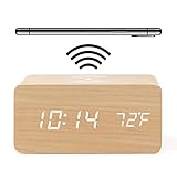 HAPPMY Holz Wecker mit Ladestation,Wecker Digital mit Thermometer, 3 Weckzeiten Digital Uhr, Tischuhr Alarm Clock Batteriebetrieben und USB(Farbe Bambusholz)