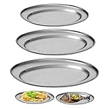 Nizirioo 3 Stück Servierplatte Edelstahl Serviertablett Rundes Tablett Pizzablech Grillschale Tablett Oval Zum Servieren Für Outdoor Camping Picknick Home Party Schlemmerplatte (Silber)