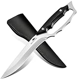 SMITH CHU D2-Stahl Outdoor Messer, Full-Tang Camping Messer mit Lederscheide, Silber Feststehende Klinge Scharfes, Ergonomischer Griff mit Handschutz, Männergeschenk für Feiertage