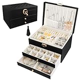QOUBNIC Schmuckaufbewahrung, Schmuckkasten Jewelry Organizer Große Schmuckschatulle mit 3 Ebenen, Jewelry Box für Ringe, Uhren, Ohrringe, Halskette (Schwarz)