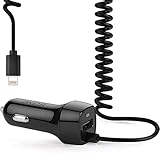 OKCS USB KFZ Ladegerät Dual Ladeadapter - Schnellladegerät - integriertes dehnbares Ladekabel kompatibel mit iPhone und zusätzlicher freier USB Anschluss - Schwarz