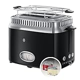 Russell Hobbs Toaster [für 2 Scheiben] Retro Edelstahl Schwarz (Countdown-Anzeige im Retrodesign, inkl. Brötchenaufsatz, 6 Bräunungsstufen + Auftau- & Aufwärmfunktion, 1300W) Vintage 21681-56