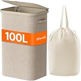 Lifewit 100L Wäschekorb mit Deckel, hoher Wäschekorb mit Kunststoffrahmen, faltbarer großer Wäschekorbsammler, Wäschekörbe für Schlafzimmer, Bad, Beige