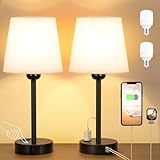 Kakanuo Nachttischlampe Touch Dimmbar 2er Set, Tischlampe mit Ladefunktion USB A+C-Anschlüssen Steckdosen 2 LED Birnen, Leinen-Lampenschirm, Kleine Lampe für Schlafzimmer Wohnzimmer Babyzimmer Büro