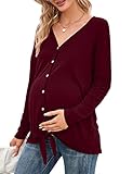 KOJOOIN Damen Stillshirt Schwangerschaftsshirt V-Ausschnitt Umstandsshirt Schwangere Langarm Nursing Tops mit Knöpfen geknotetes Umstandsmode Weinrot L