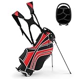 COSTWAY Golfbag mit Ständer und Regenschirmhalter, 7 Standbag inkl. Kühltasche und Schultergurt (Rot)