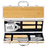 Grillbesteck BBQ Grillzubehör,4 Stücke Grill Werkzeugset Edelstahl für das Grillen im Freien,Camping,Grillset Grillgeschenke für Männer zu Vatertag, Geburtstagen mit Aufbewahrungskoffer