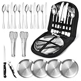 Camping Geschirr Set für 4 Personen,21 Stück Tragbars Campingbesteck Set aus Edelstahl für Camping, Picknick, Reisen-Inklusive Bestecktasche Edelstahl-Gabeln, Messer und Löffel,Wiederverwendbar