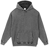PADOLA Oversized Hoodie Pullover Herren Ausgewaschener Kapuzenpullover Dicke Baumwolle Sweatshirt Y2K Vintage Jacke Used-Look Basic Langarmshirt Rerto Strickjacke Übergangsjacke (L, Schwarz)