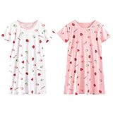 LPATTERN Kinder Mädchen Süß Nachthemd Baumwolle Nachtwäsche Nachtkleid Schlafanzug Sleepwear mit Kurzarm, Weiß Rosa A | Erdbeere 2er Pack, 122-128(Label: 130)